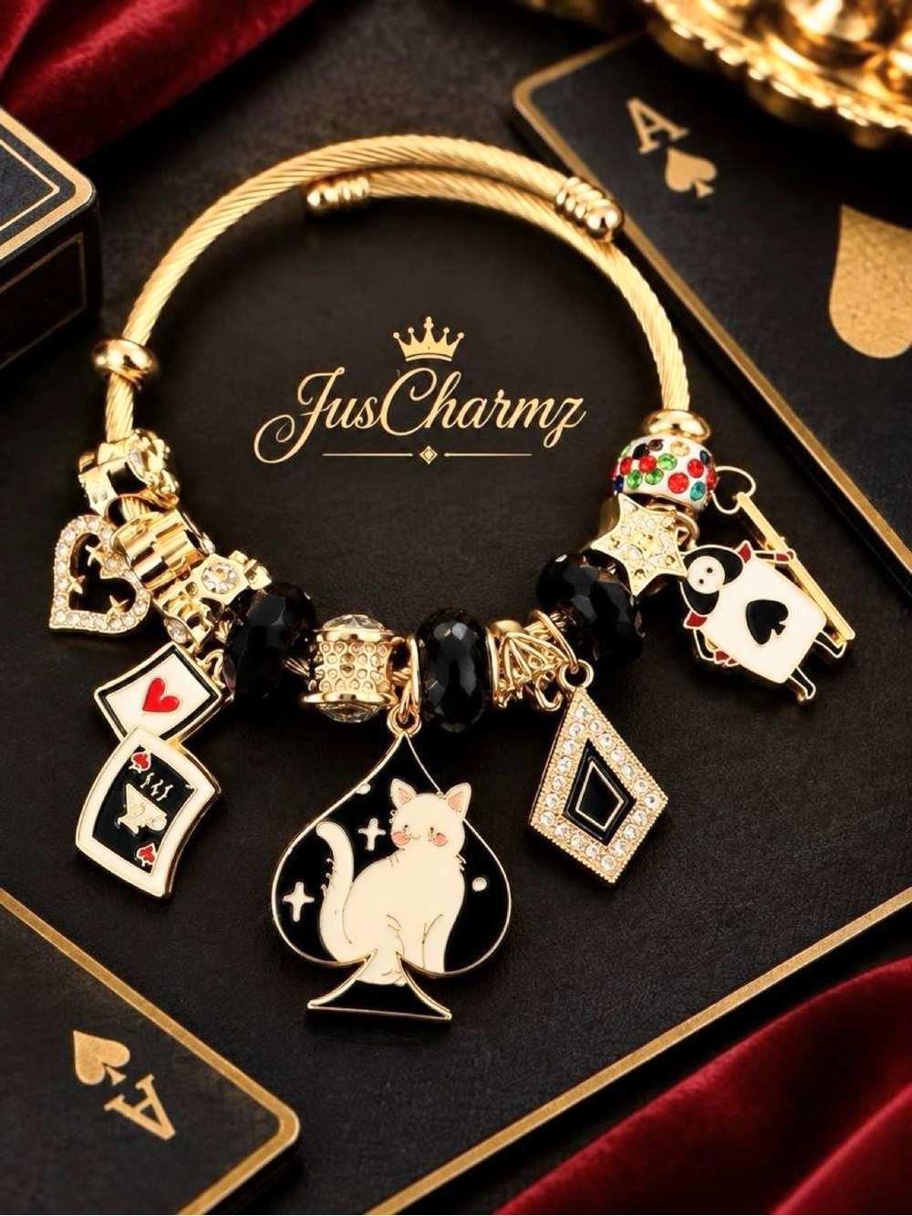 ♠️ Lucky Black Cat Charm Bracelet | Card Player Gift | Casino Lover Jewelry